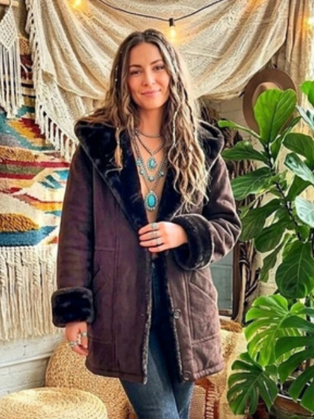 574 Gallery Faux Suede Fur Hooded Coat Jacket Brown M